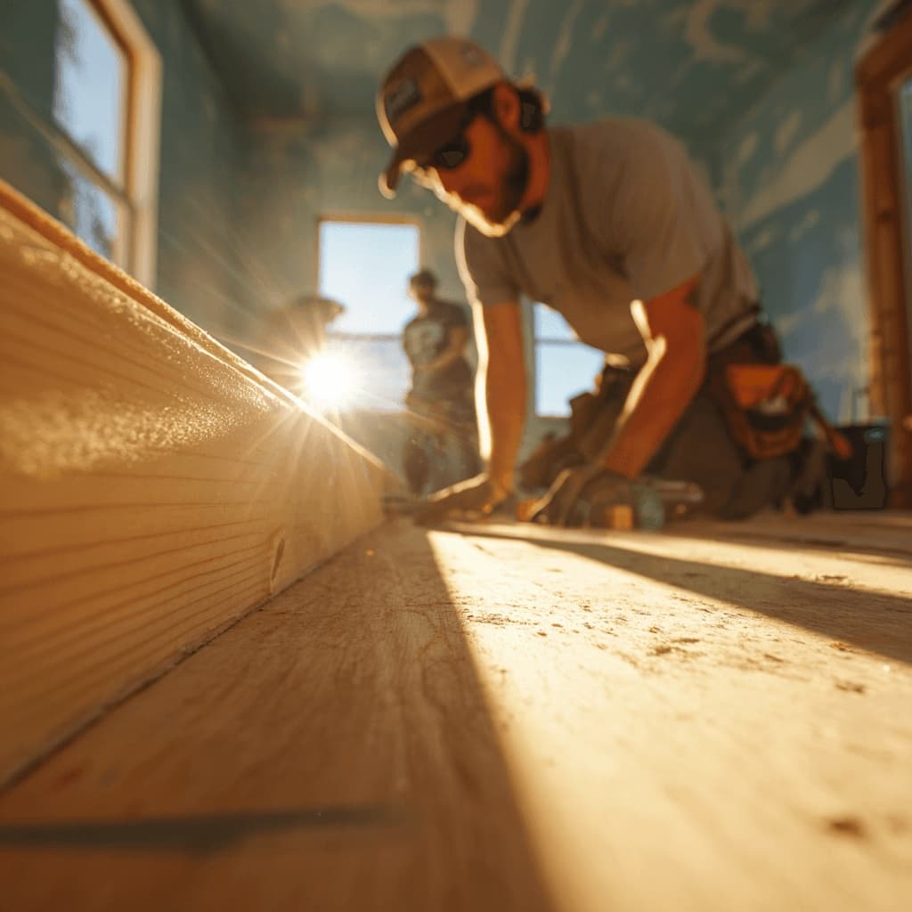 Carpenter working a beam in golden light