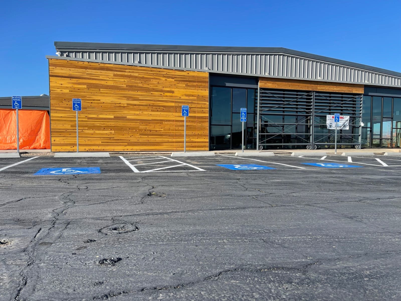 Commercial building exterior with wood slat facade