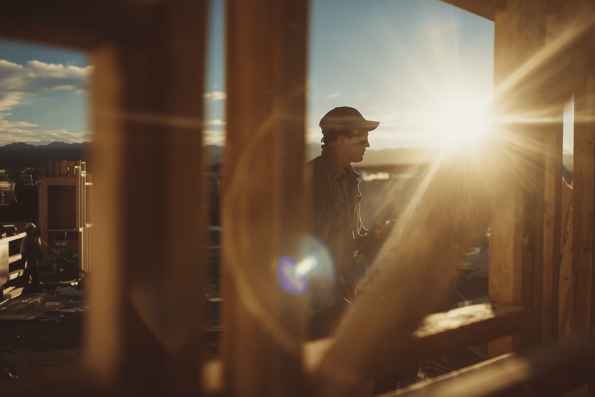 W Builders carpenter framing a home at golden hour in Southern Utah